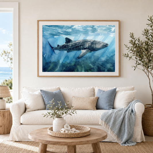 Whale shark fine art print displayed in a coastal living room