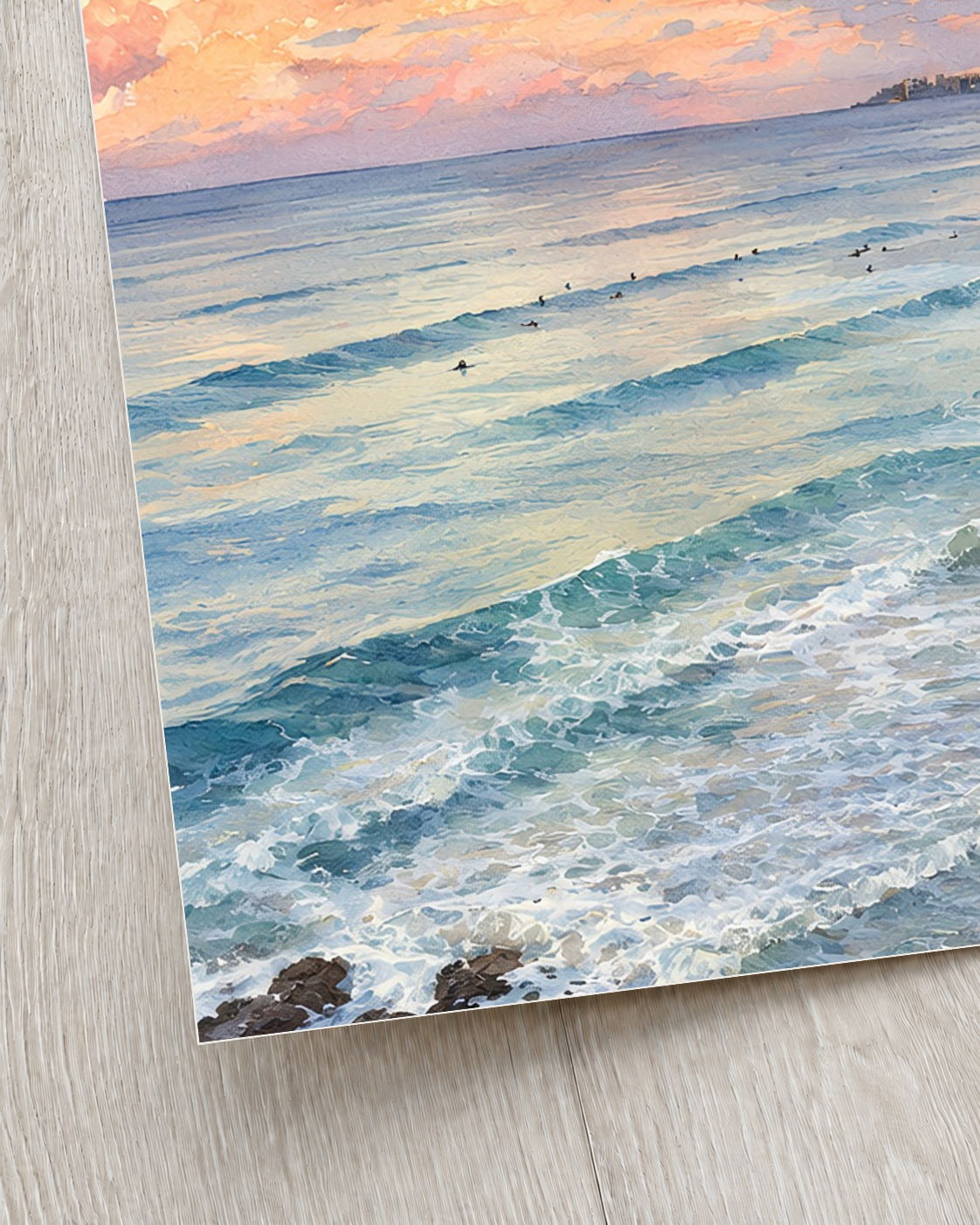 Close-up detail of the Currumbin Beach watercolour print showing peach clouds and blue ocean waves