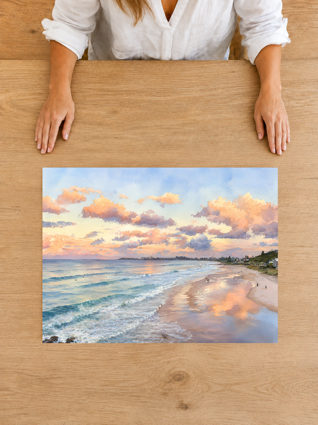Unframed Currumbin Beach fine art print shown from above on a light background