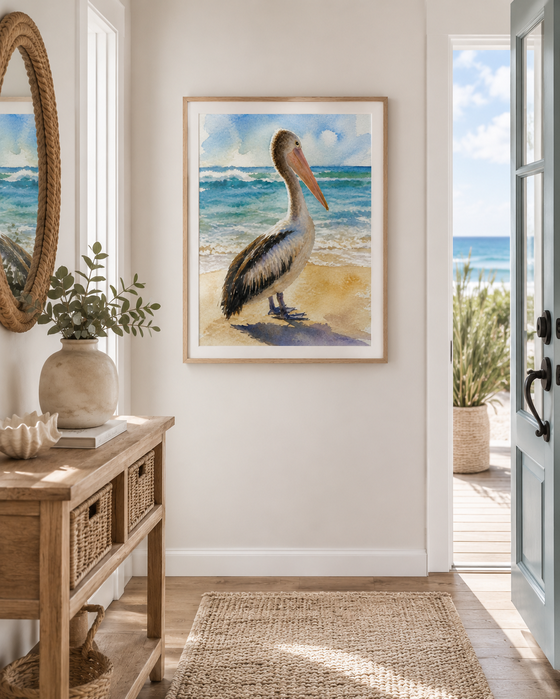 Australian pelican fine art print styled in a coastal entranceway