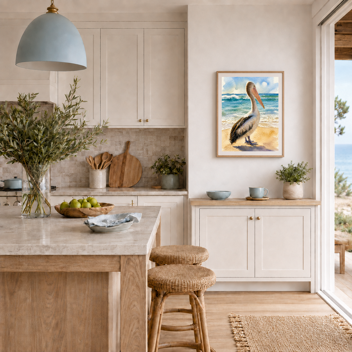 Australian pelican fine art print styled in a coastal kitchen