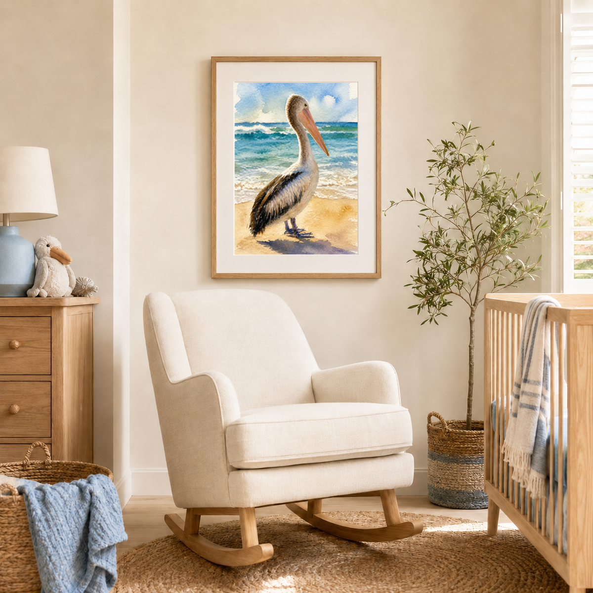 Australian pelican fine art print styled in a coastal nursery