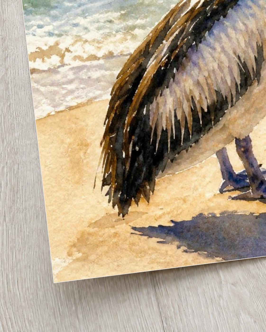 Close-up of the paper edge and lower-left detail of the pelican fine art print