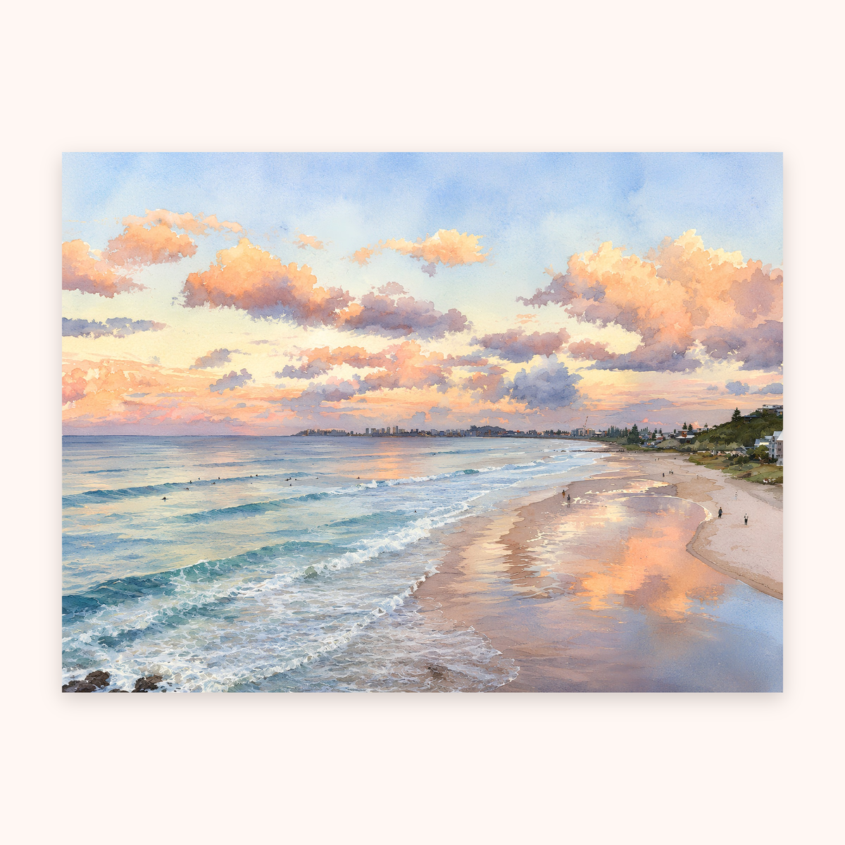 Currumbin Beach watercolour-style coastal print with peach clouds and blue ocean waves on the Gold Coast