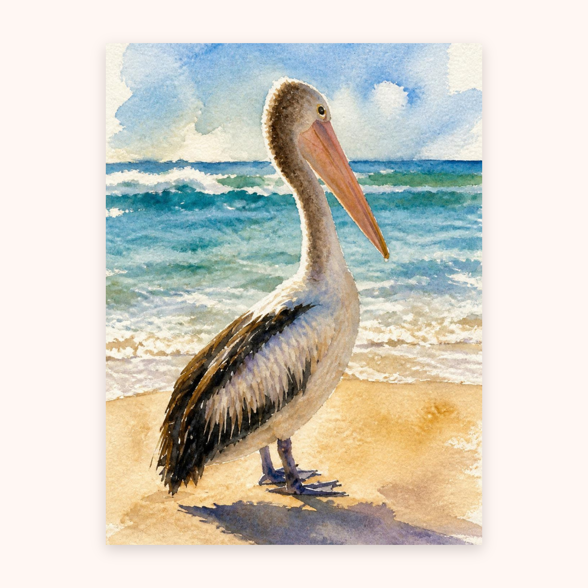 Australian pelican fine art print in a soft coastal watercolour style