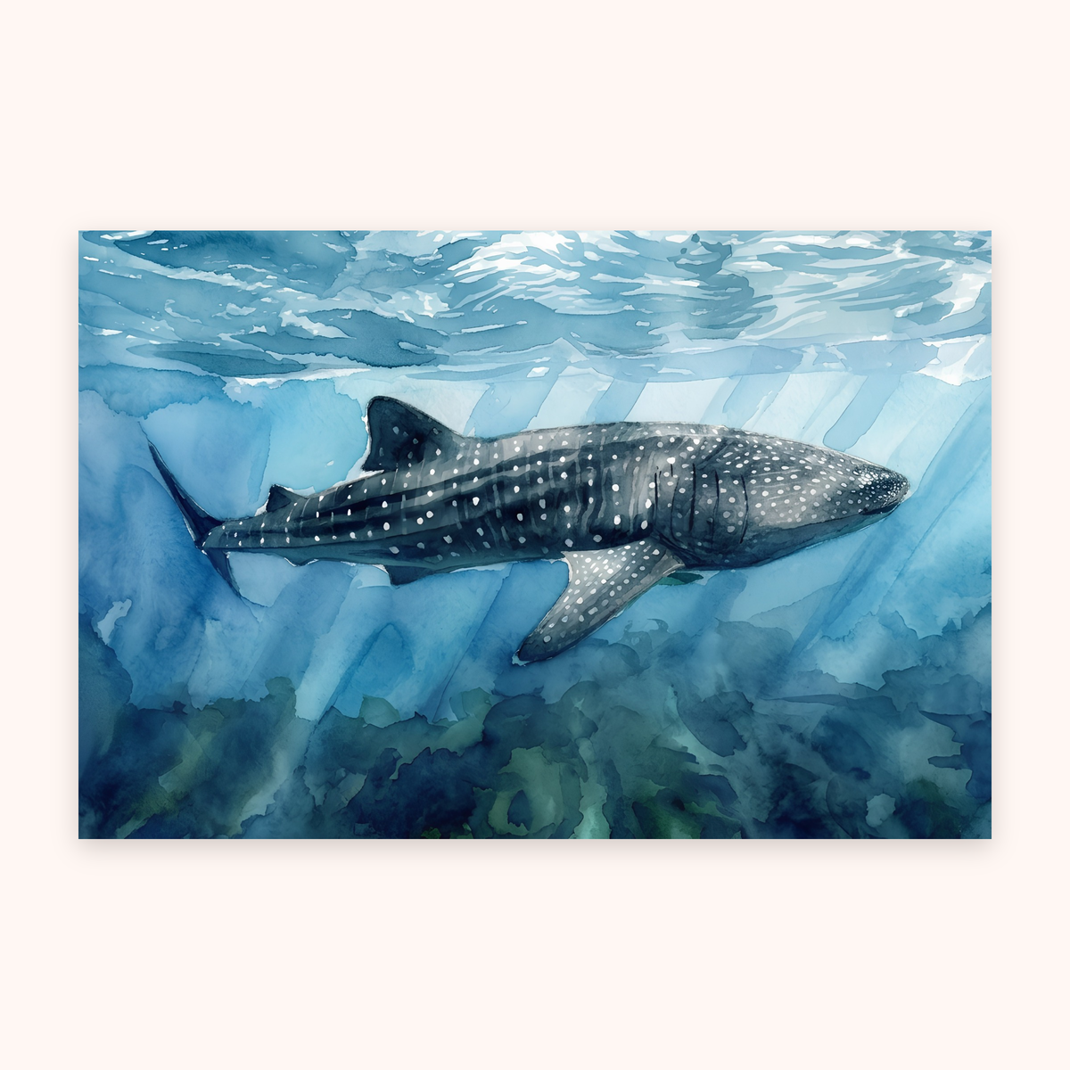 Whale shark fine art print in a blue coastal watercolour style