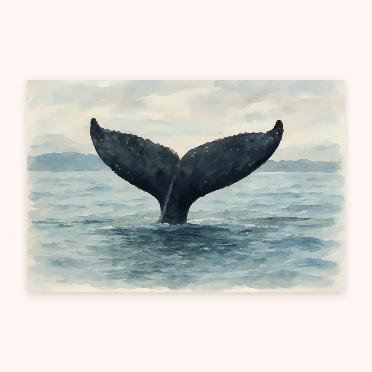 Whale tail fine art print in a calm blue coastal watercolour style