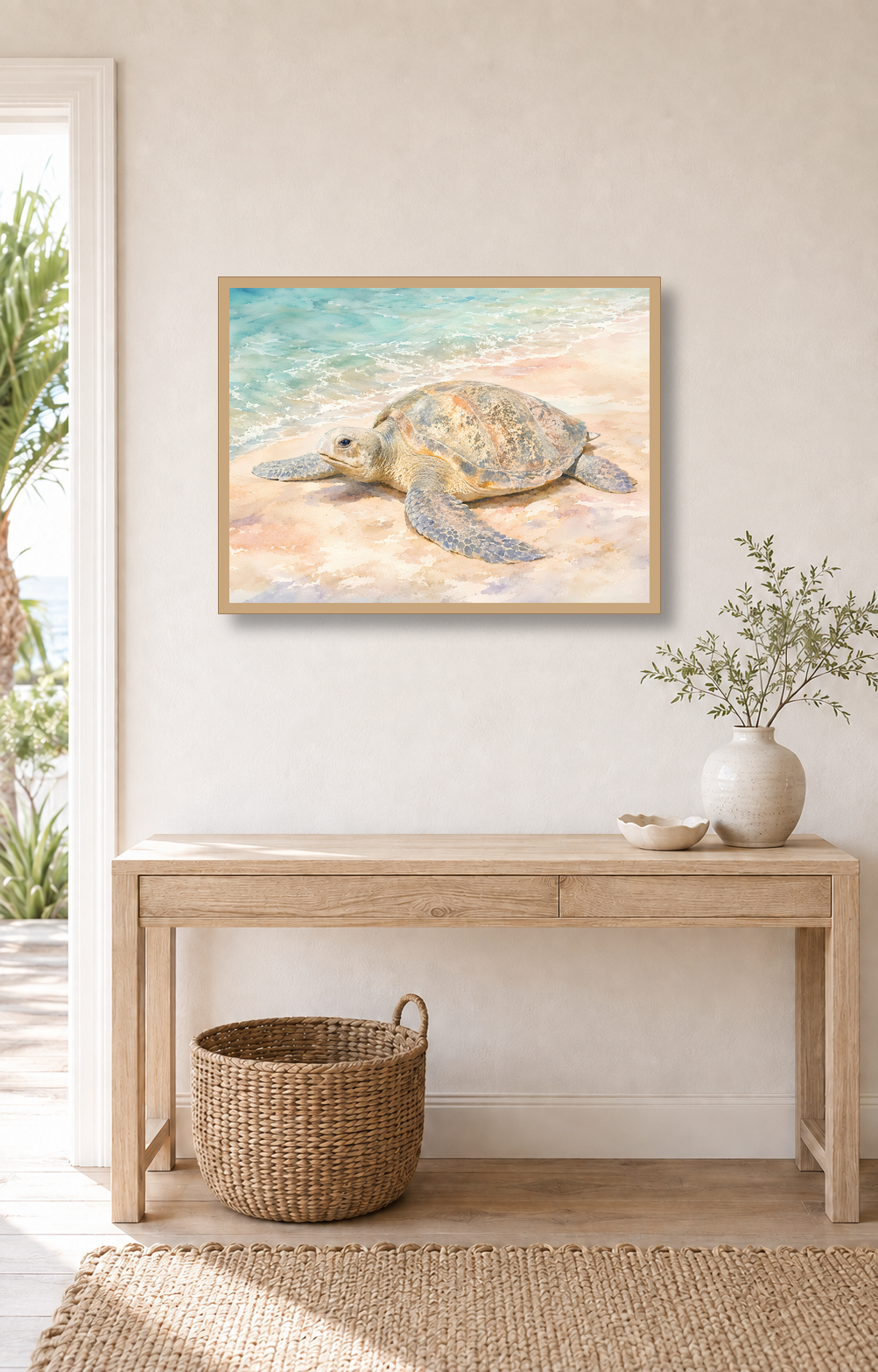 Australian sea turtle fine art print displayed above a timber console in a coastal entranceway