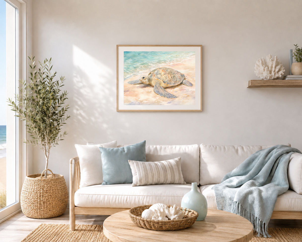 Australian sea turtle fine art print displayed in a light coastal living room