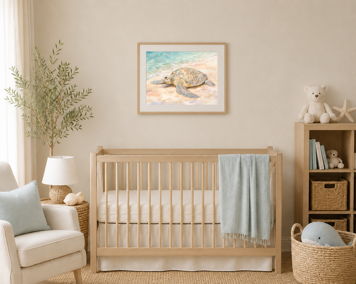 Australian sea turtle fine art print displayed in a neutral coastal nursery
