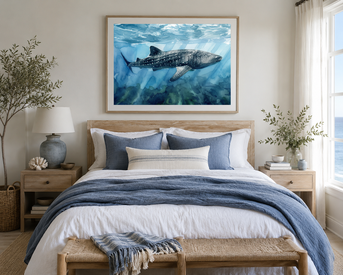 Whale shark fine art print displayed above a bed in a coastal bedroom