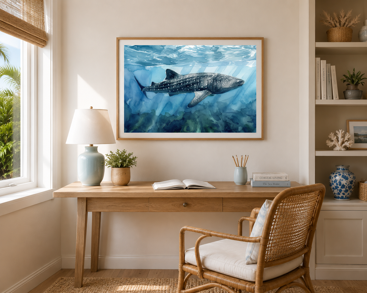 Whale shark fine art print displayed in a coastal home study