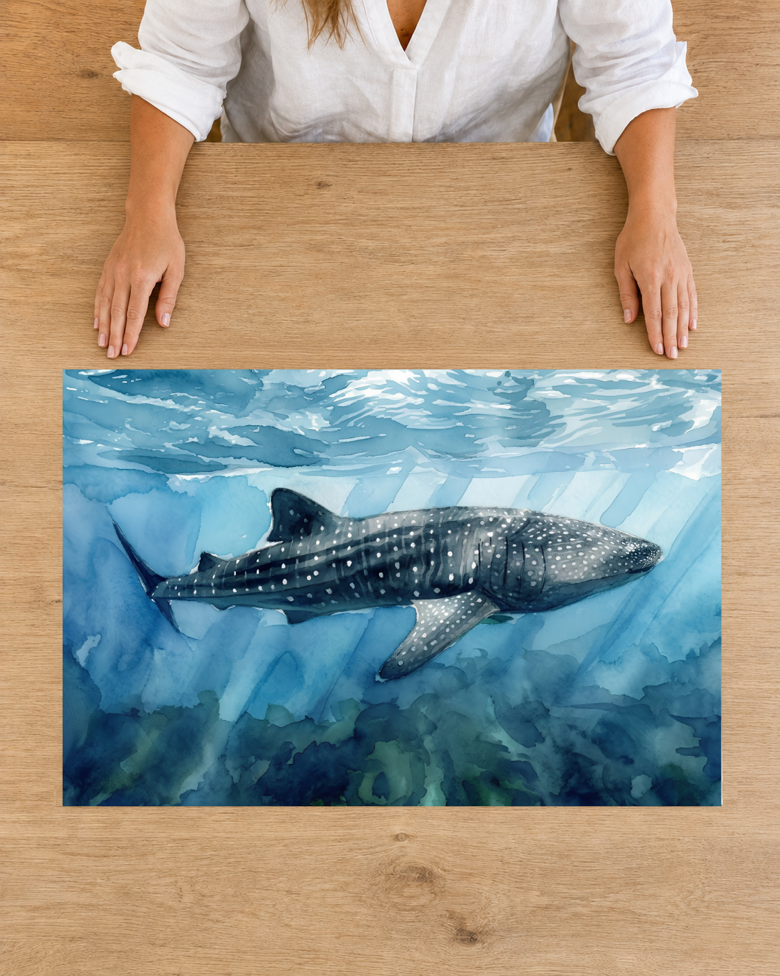 Large whale shark fine art print displayed on a dining table for scale