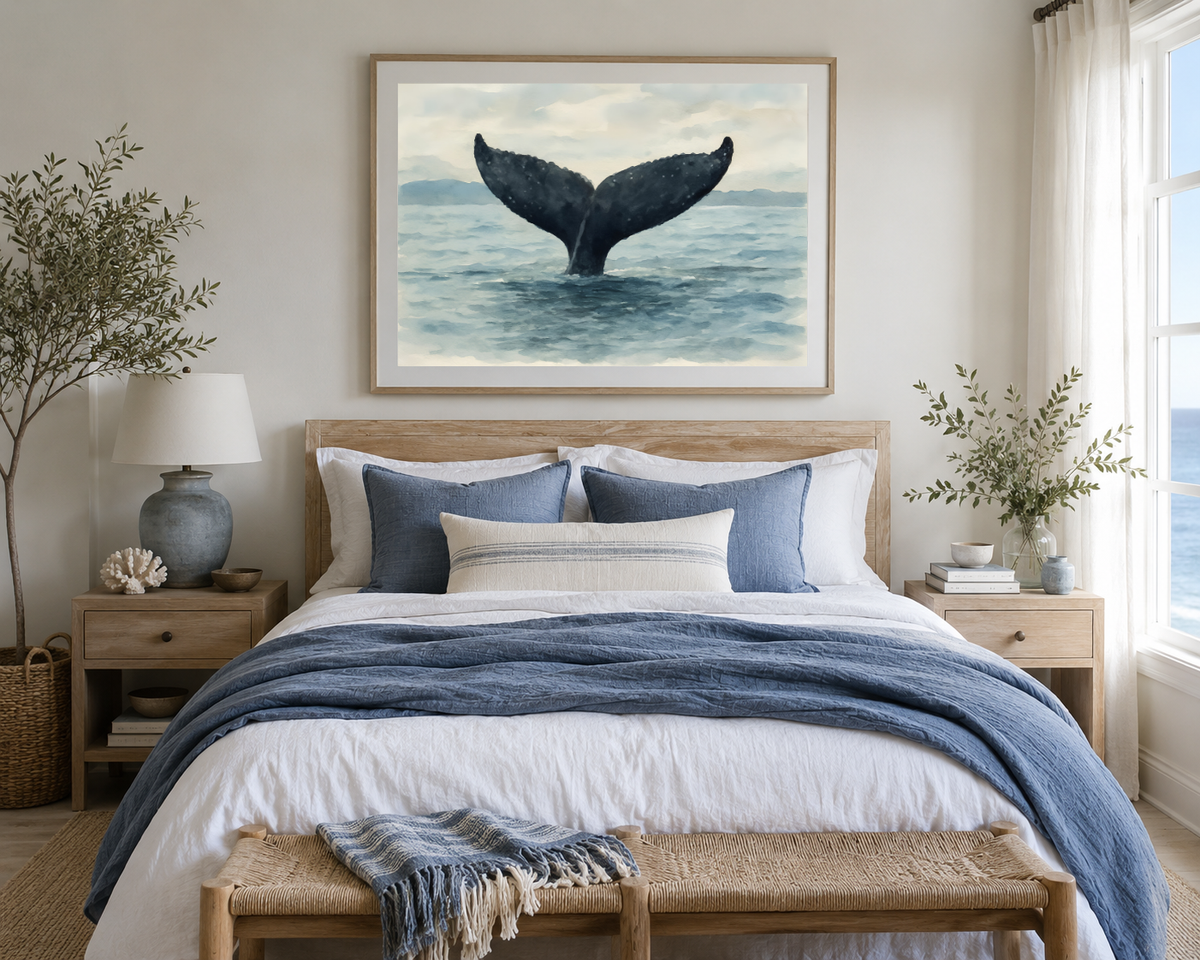 Whale tail fine art print displayed above a bed in a coastal bedroom
