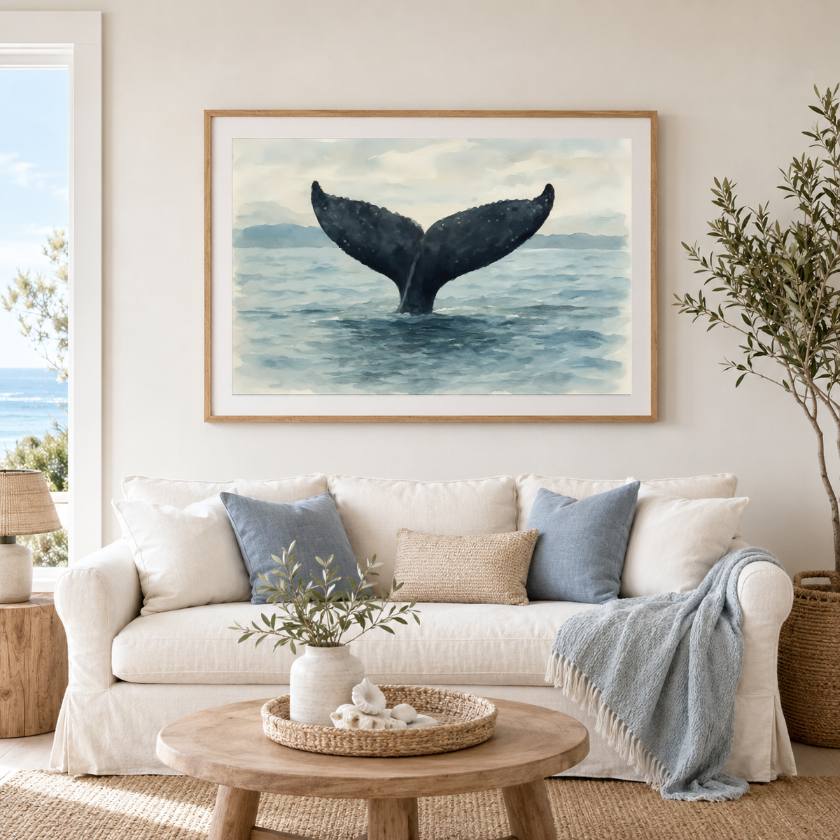 Whale tail fine art print displayed in a light coastal living room