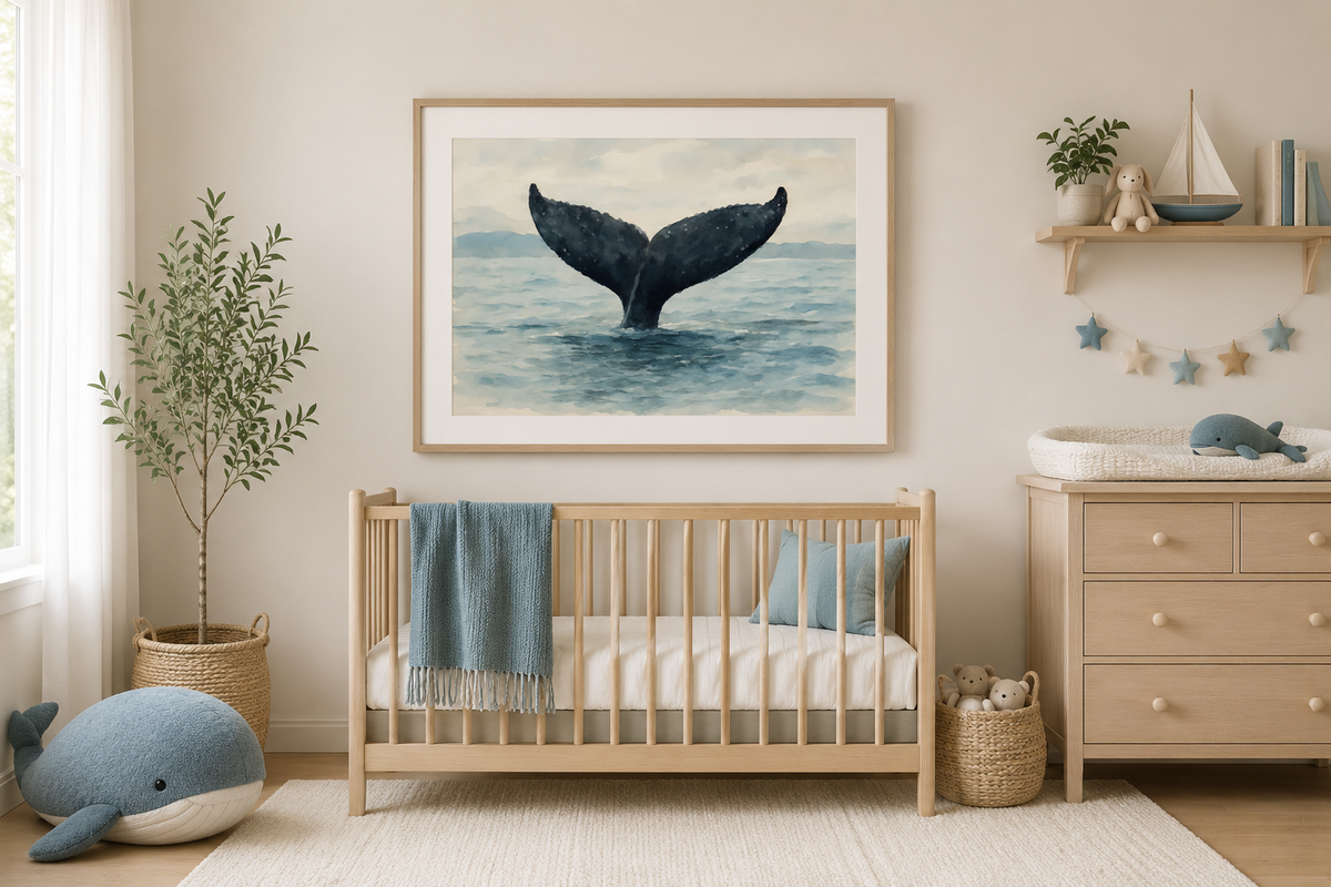 Whale tail fine art print displayed in a neutral ocean-themed nursery