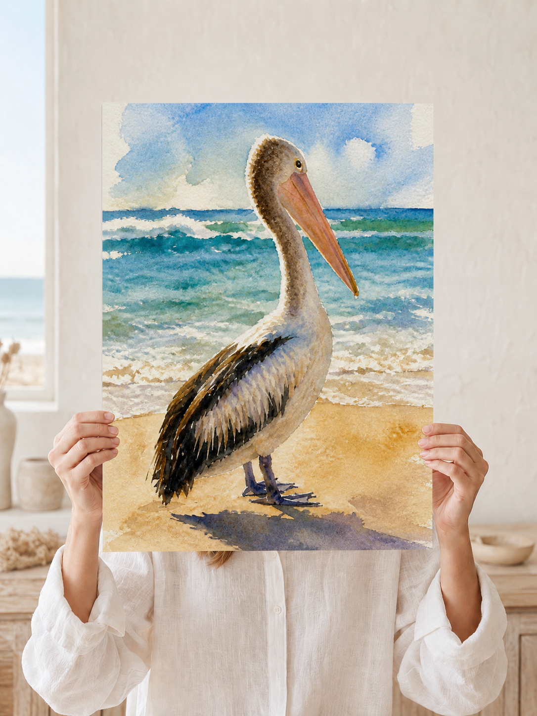 Woman holding the Australian pelican fine art print for scale